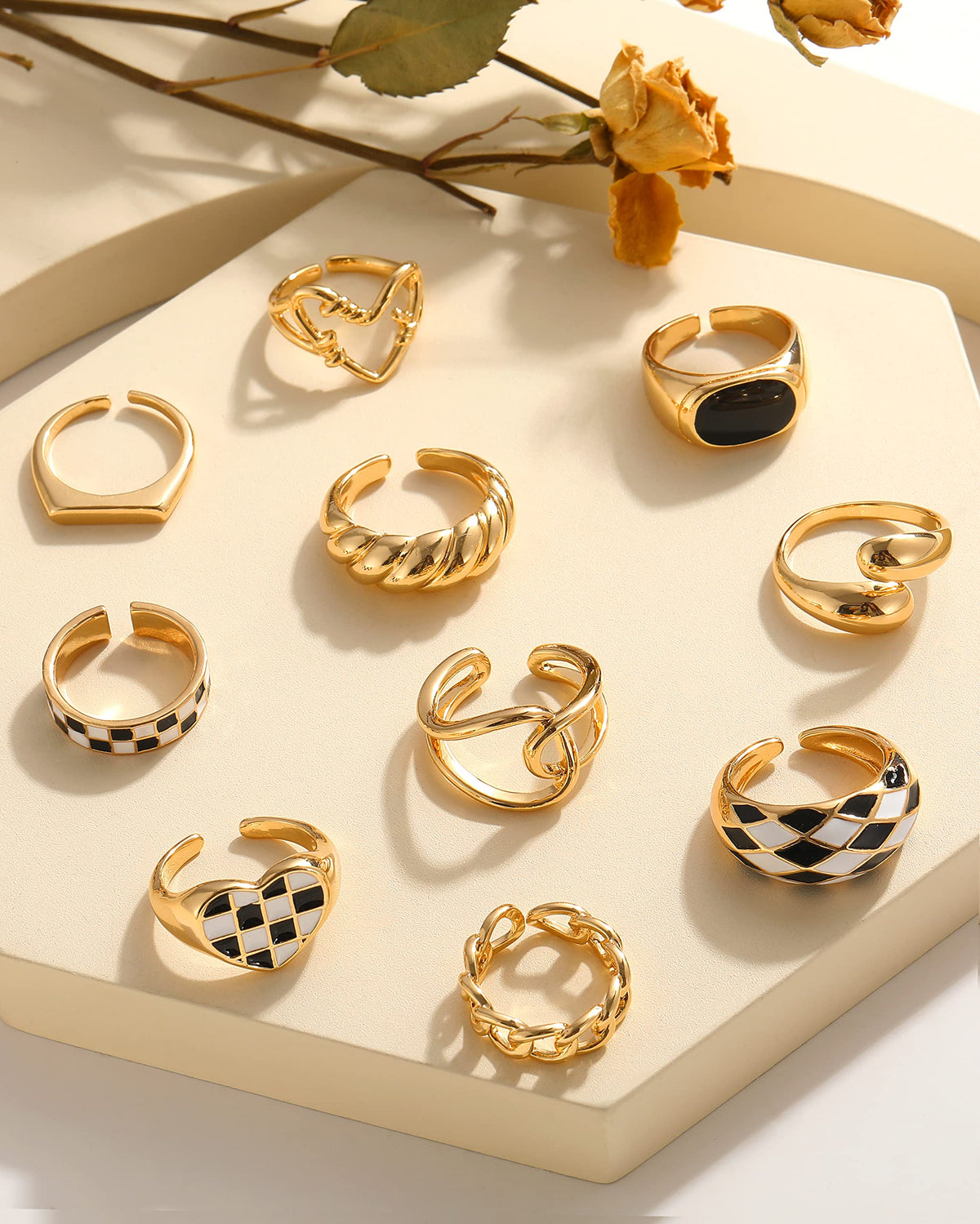 FAXHION 12PCS Gold Stackable Rings Set for Women, 18K Gold Plated Open Stacking Knuckle Ring, Adjustable Chunky Signet Rings for Gift