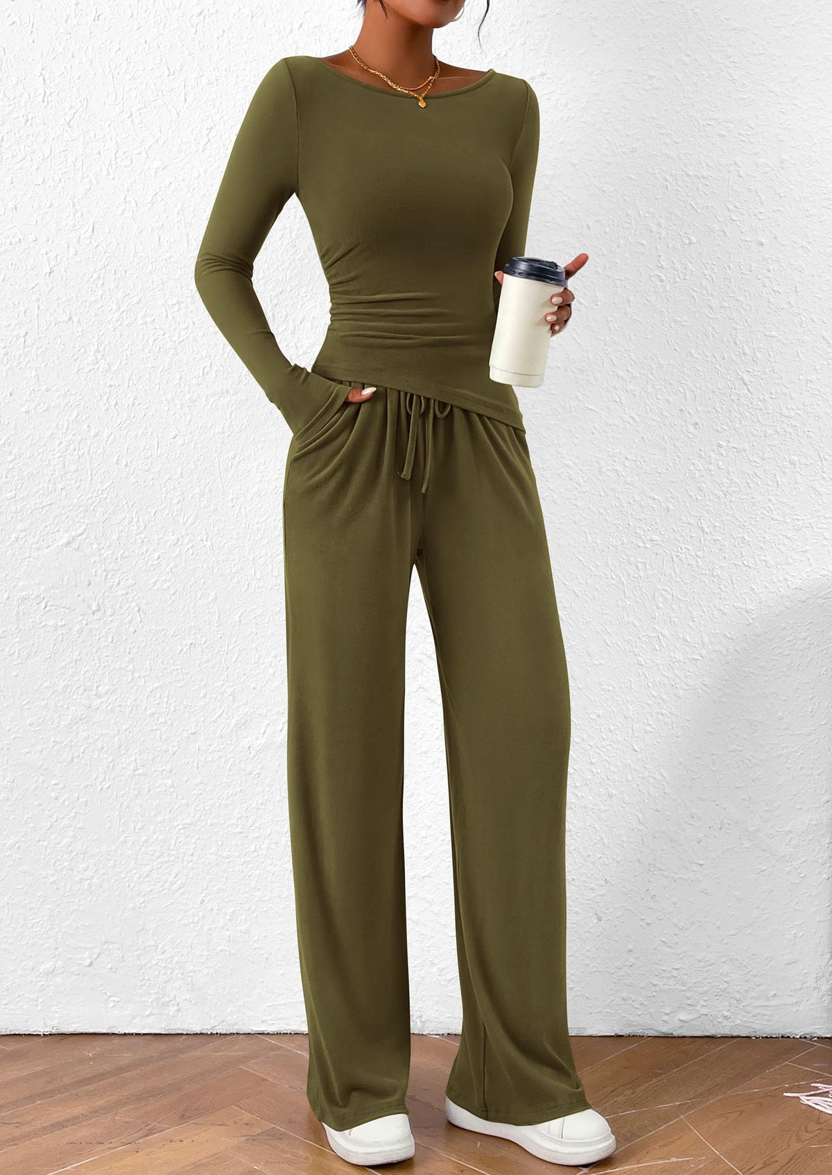 PRETTYGARDEN Women's 2 Piece Lounge Sets Asymmetrical Long Sleeve T Shirt Wide Leg Pants Casual Outfits Tracksuit
