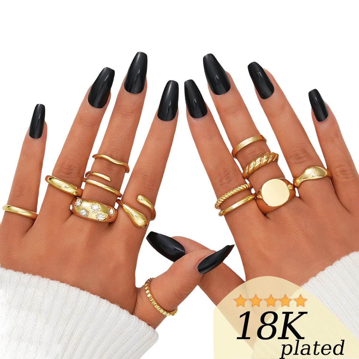 FAXHION 12PCS Gold Stackable Rings Set for Women, 18K Gold Plated Open Stacking Knuckle Ring, Adjustable Chunky Signet Rings for Gift