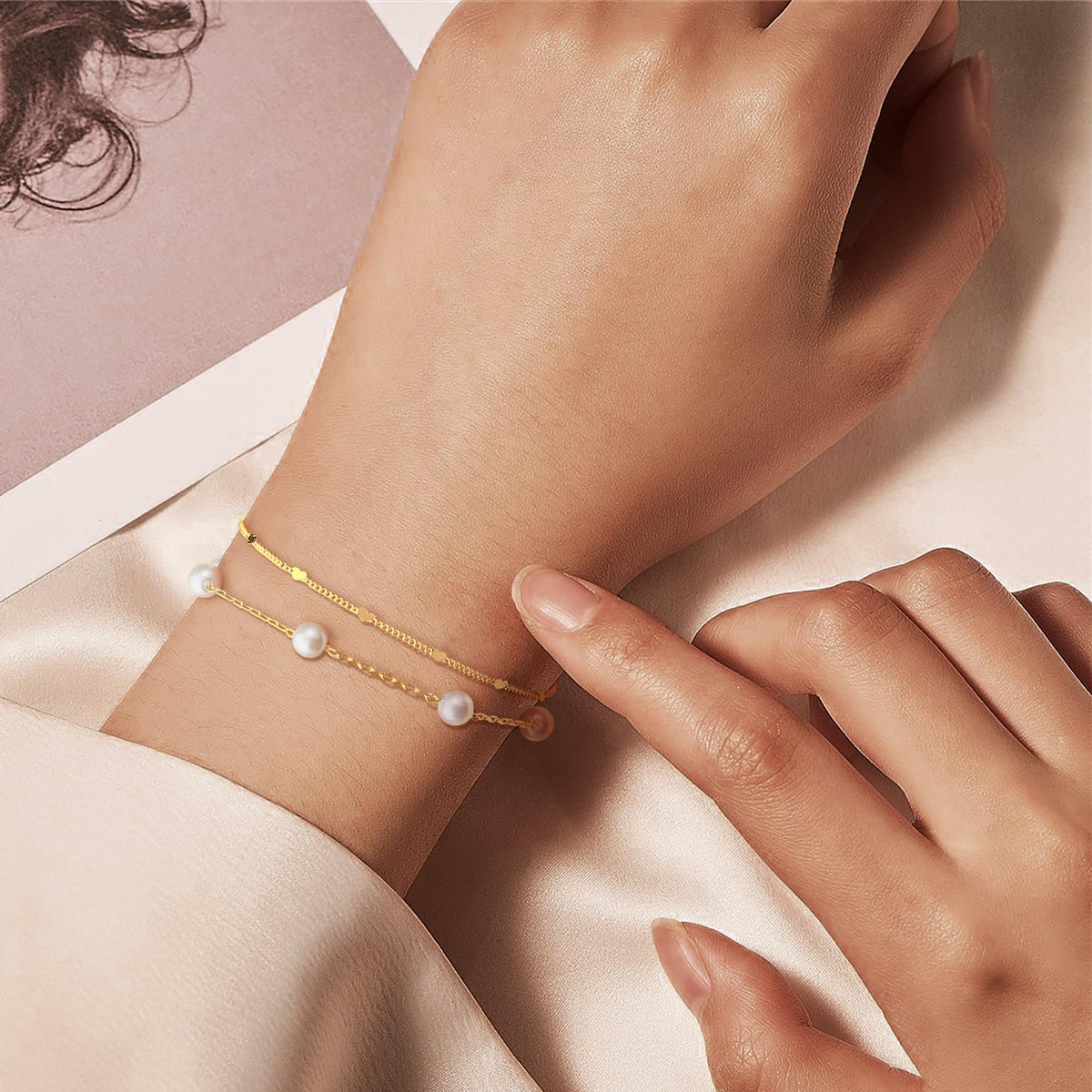 Gold Bracelets for Women,Dainty Bracelets Set for Women Trendy, Gold Bracelets Stack With Beaded, Cuban, Paperclip, Heart, Snake, Rope, Pearl, Cross, Hand Chain, Silver Jewelry Gifts for Women Christmas