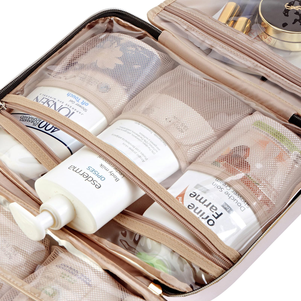 NISHEL Travel Toiletry Bag for women, Portable Hanging Organizer for Travel-Sized Shampoo, Conditioner, Brushes Set, makeup Accessories, Medium Size, Pink