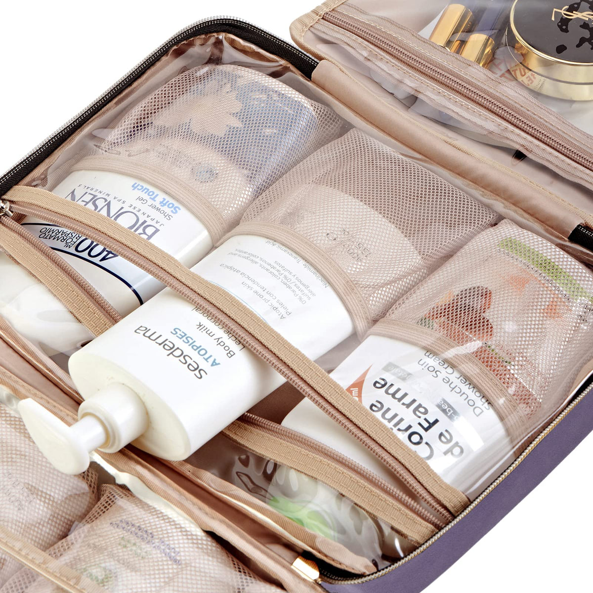 NISHEL Travel Toiletry Bag for women, Portable Hanging Organizer for Travel-Sized Shampoo, Conditioner, Brushes Set, makeup Accessories, Medium Size, Pink