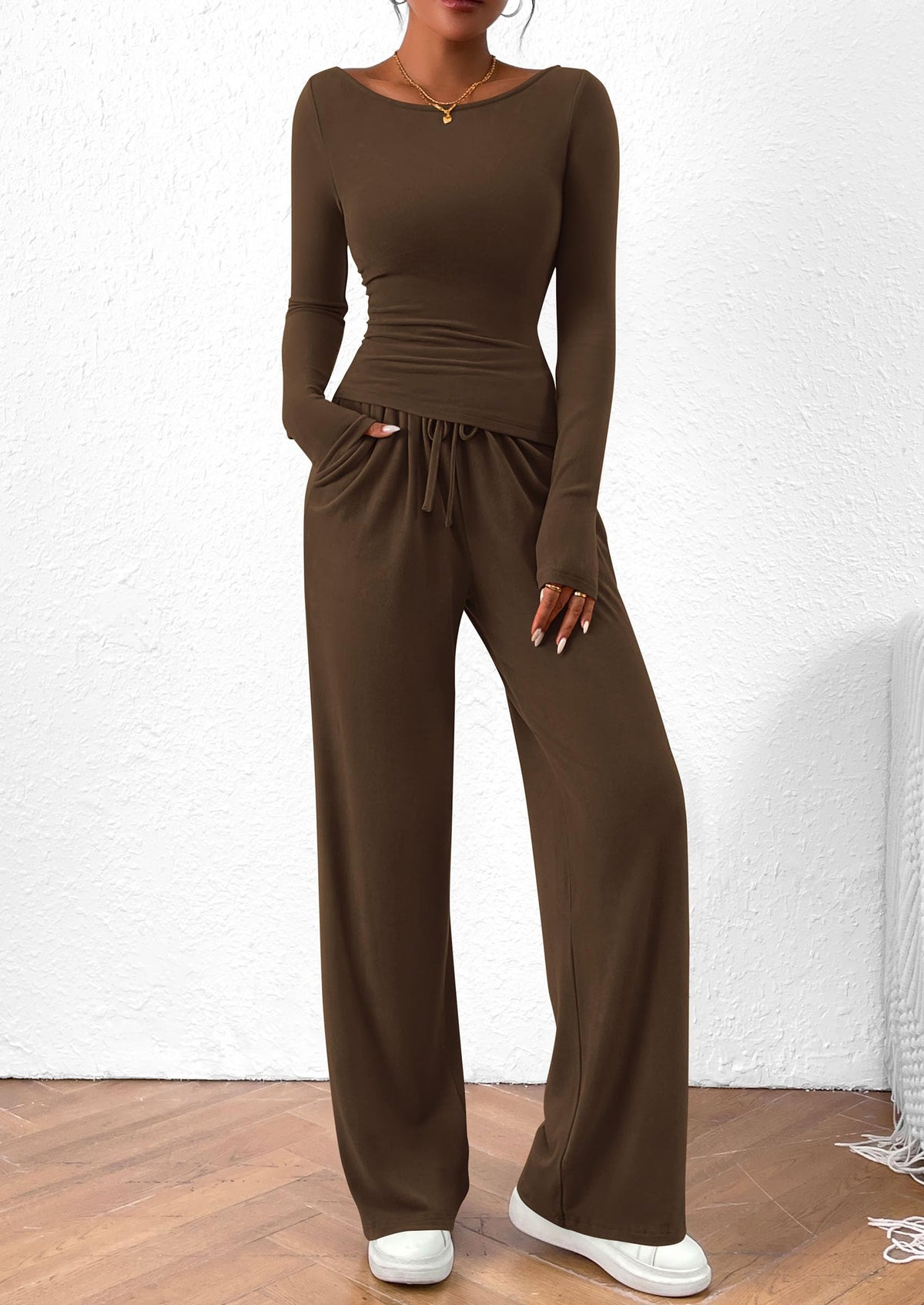 PRETTYGARDEN Women's 2 Piece Lounge Sets Asymmetrical Long Sleeve T Shirt Wide Leg Pants Casual Outfits Tracksuit