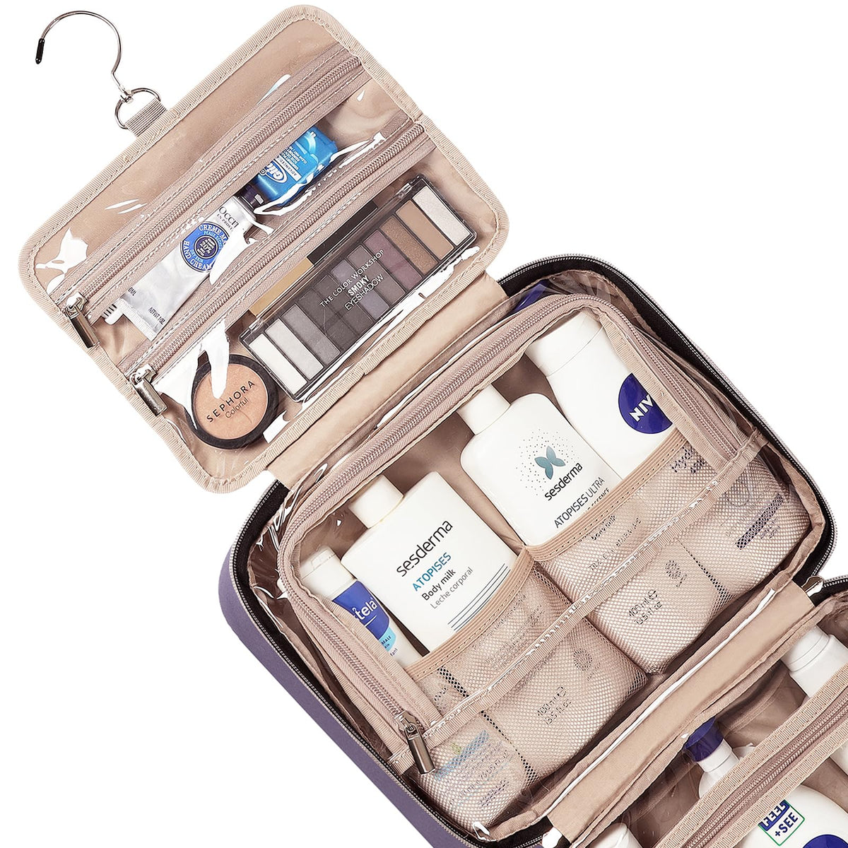 NISHEL Travel Toiletry Bag for women, Portable Hanging Organizer for Travel-Sized Shampoo, Conditioner, Brushes Set, makeup Accessories, Medium Size, Pink
