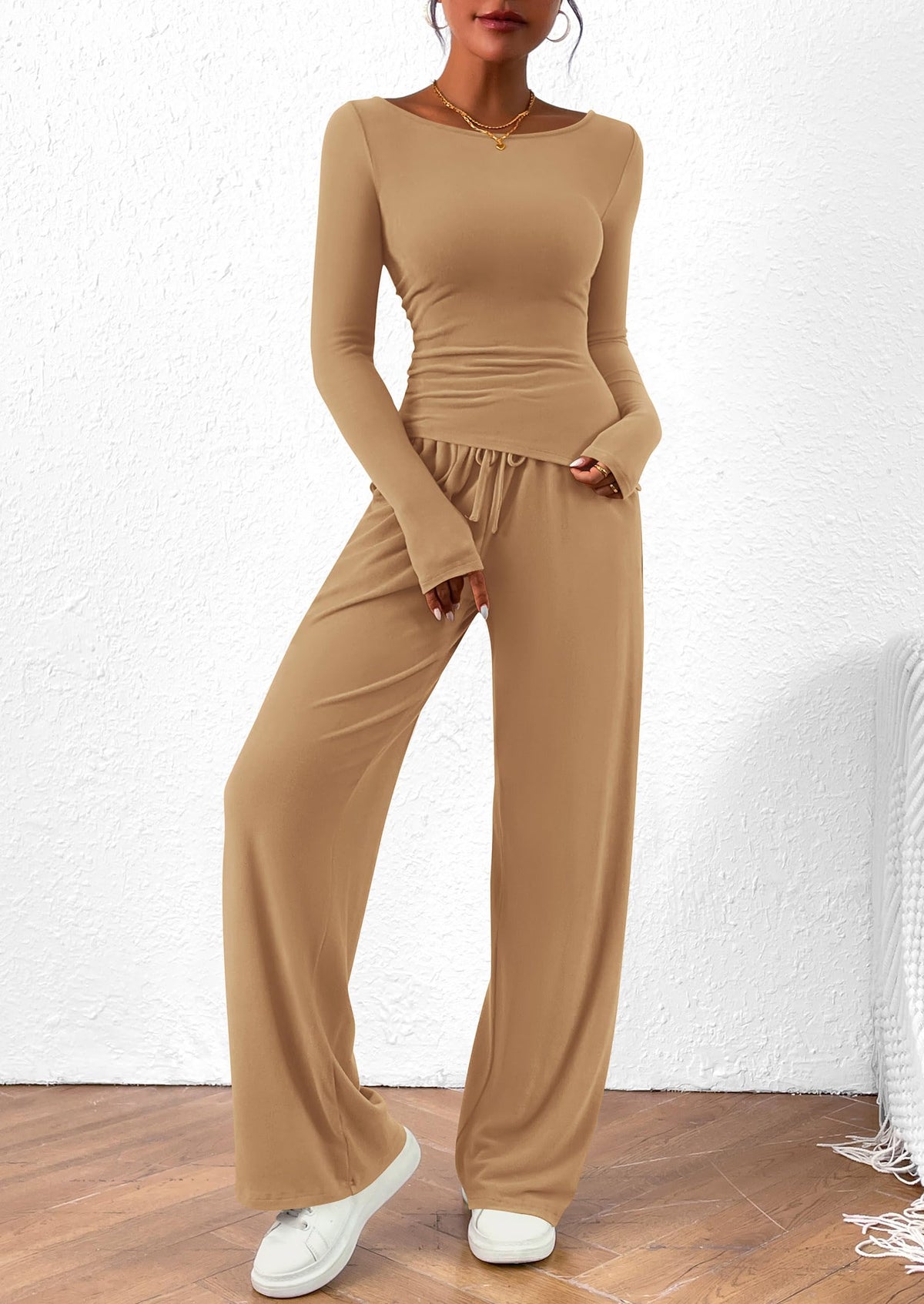 PRETTYGARDEN Women's 2 Piece Lounge Sets Asymmetrical Long Sleeve T Shirt Wide Leg Pants Casual Outfits Tracksuit