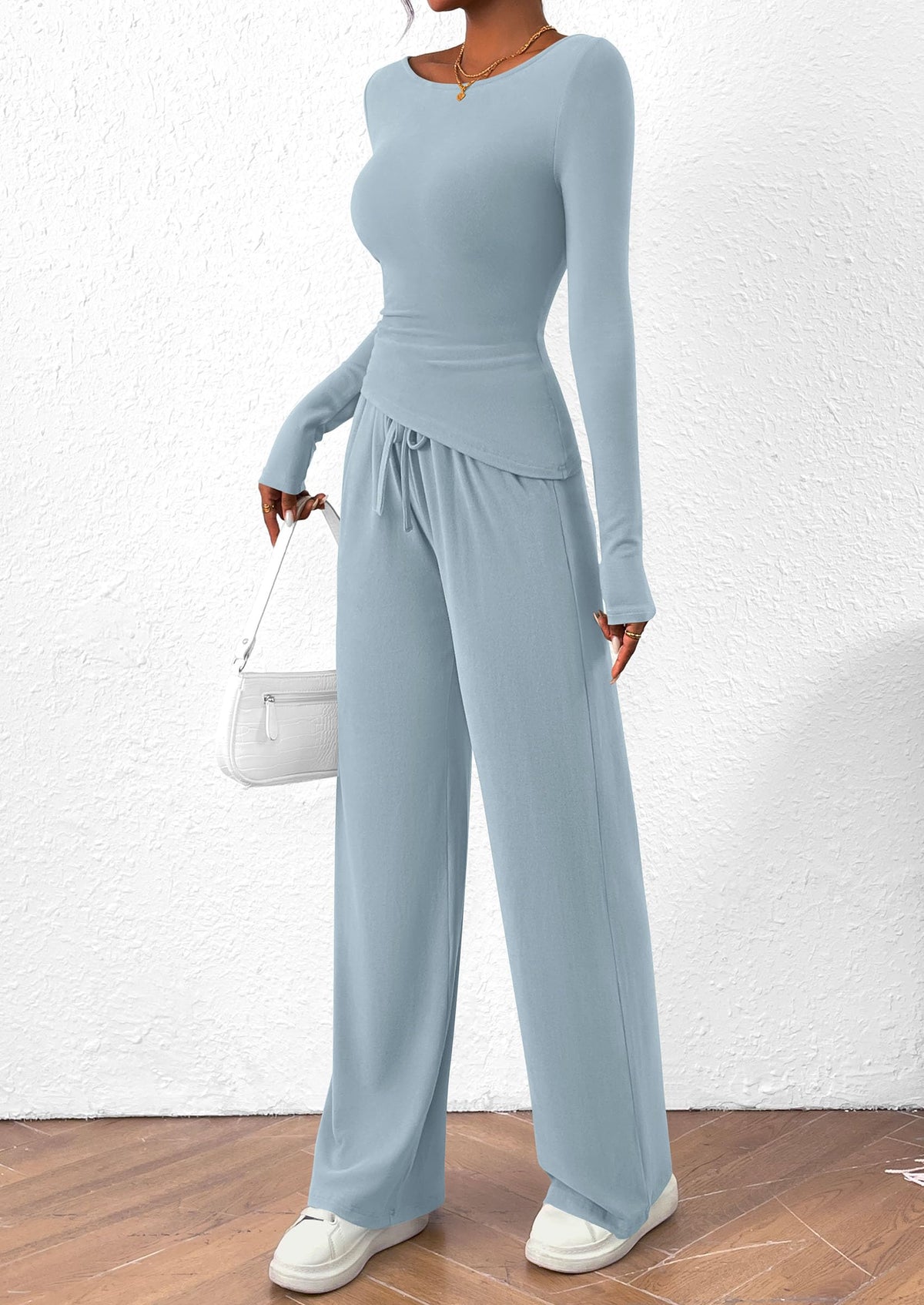 PRETTYGARDEN Women's 2 Piece Lounge Sets Asymmetrical Long Sleeve T Shirt Wide Leg Pants Casual Outfits Tracksuit