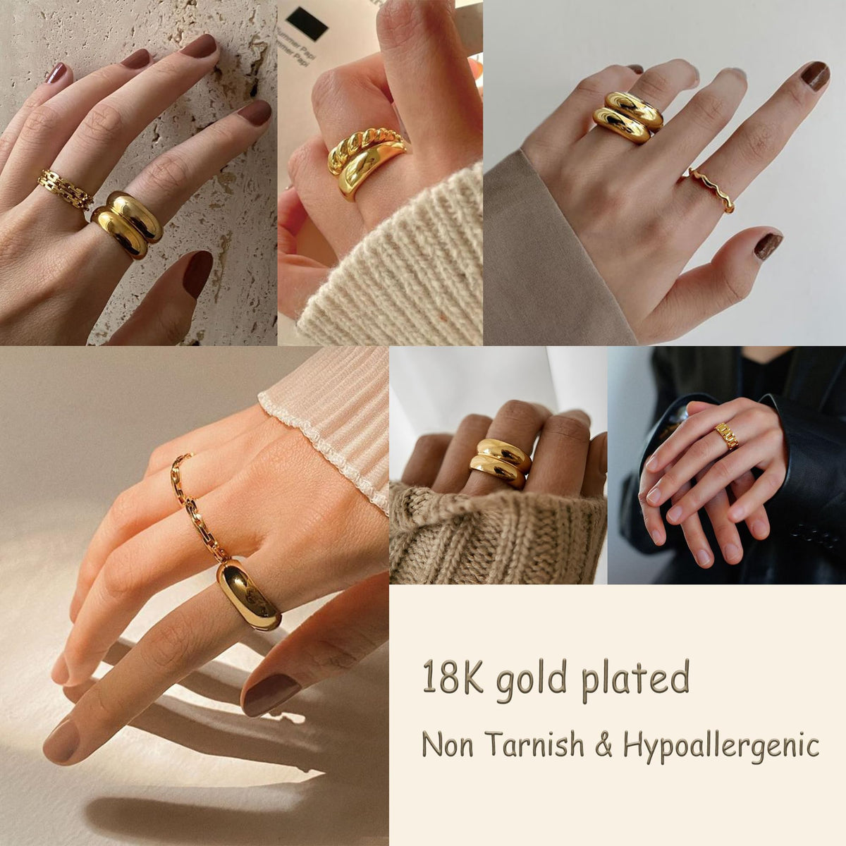 FAXHION 12PCS Gold Stackable Rings Set for Women, 18K Gold Plated Open Stacking Knuckle Ring, Adjustable Chunky Signet Rings for Gift