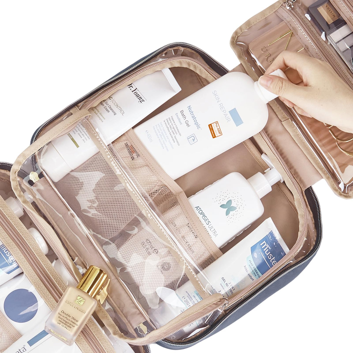 NISHEL Travel Toiletry Bag for women, Portable Hanging Organizer for Travel-Sized Shampoo, Conditioner, Brushes Set, makeup Accessories, Medium Size, Pink