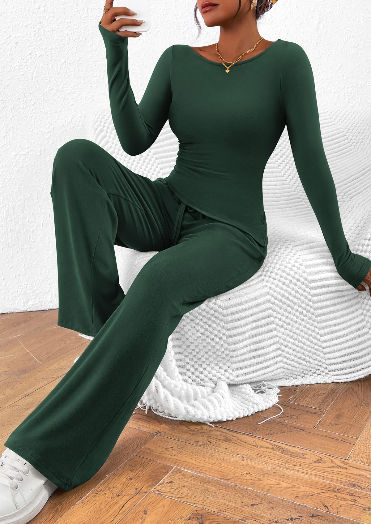 PRETTYGARDEN Women's 2 Piece Lounge Sets Asymmetrical Long Sleeve T Shirt Wide Leg Pants Casual Outfits Tracksuit