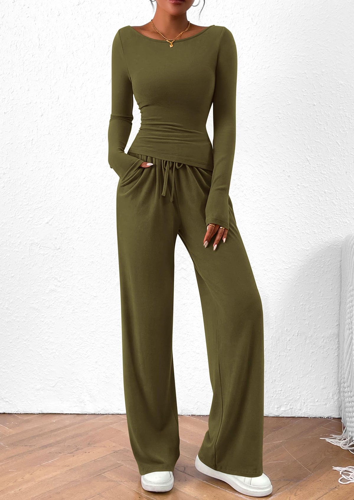 PRETTYGARDEN Women's 2 Piece Lounge Sets Asymmetrical Long Sleeve T Shirt Wide Leg Pants Casual Outfits Tracksuit