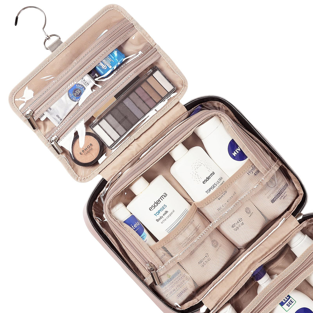 NISHEL Travel Toiletry Bag for women, Portable Hanging Organizer for Travel-Sized Shampoo, Conditioner, Brushes Set, makeup Accessories, Medium Size, Pink