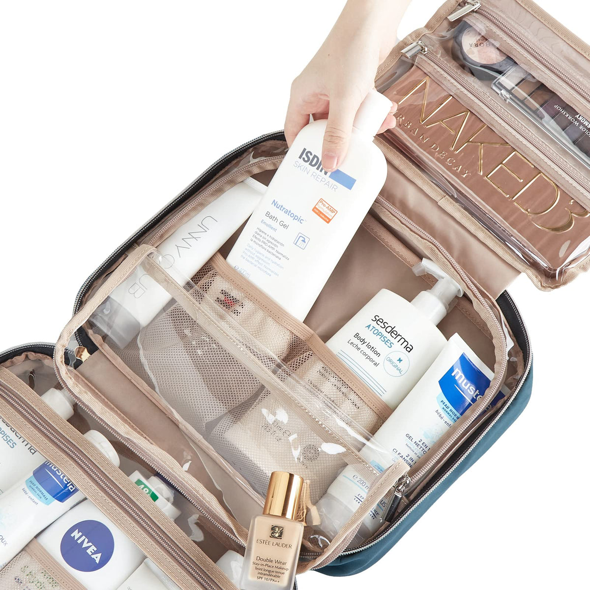 NISHEL Travel Toiletry Bag for women, Portable Hanging Organizer for Travel-Sized Shampoo, Conditioner, Brushes Set, makeup Accessories, Medium Size, Pink