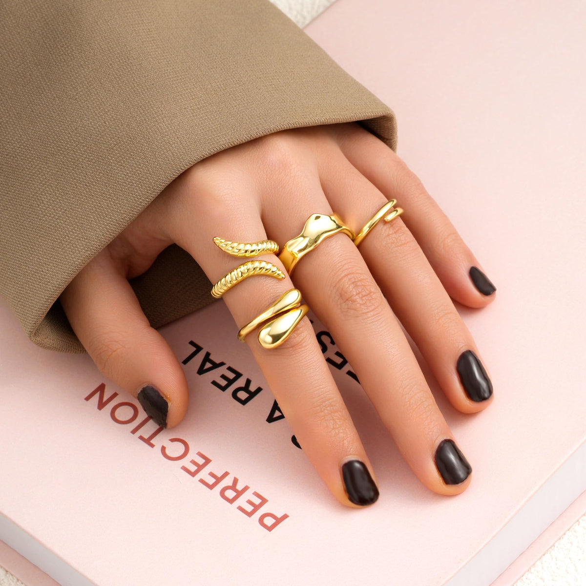 FAXHION 12PCS Gold Stackable Rings Set for Women, 18K Gold Plated Open Stacking Knuckle Ring, Adjustable Chunky Signet Rings for Gift