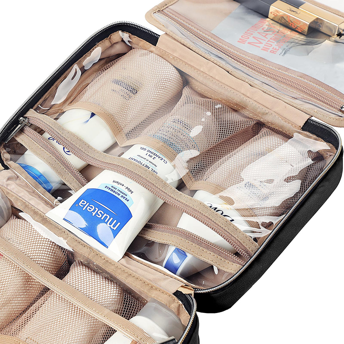 NISHEL Travel Toiletry Bag for women, Portable Hanging Organizer for Travel-Sized Shampoo, Conditioner, Brushes Set, makeup Accessories, Medium Size, Pink