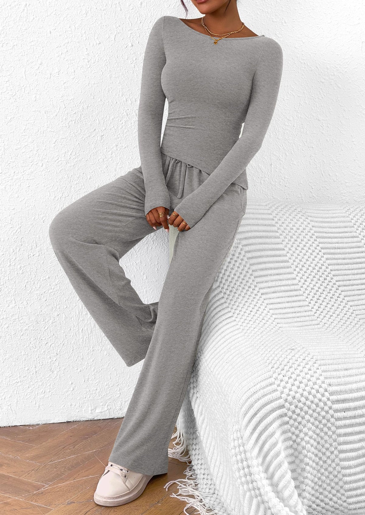 PRETTYGARDEN Women's 2 Piece Lounge Sets Asymmetrical Long Sleeve T Shirt Wide Leg Pants Casual Outfits Tracksuit