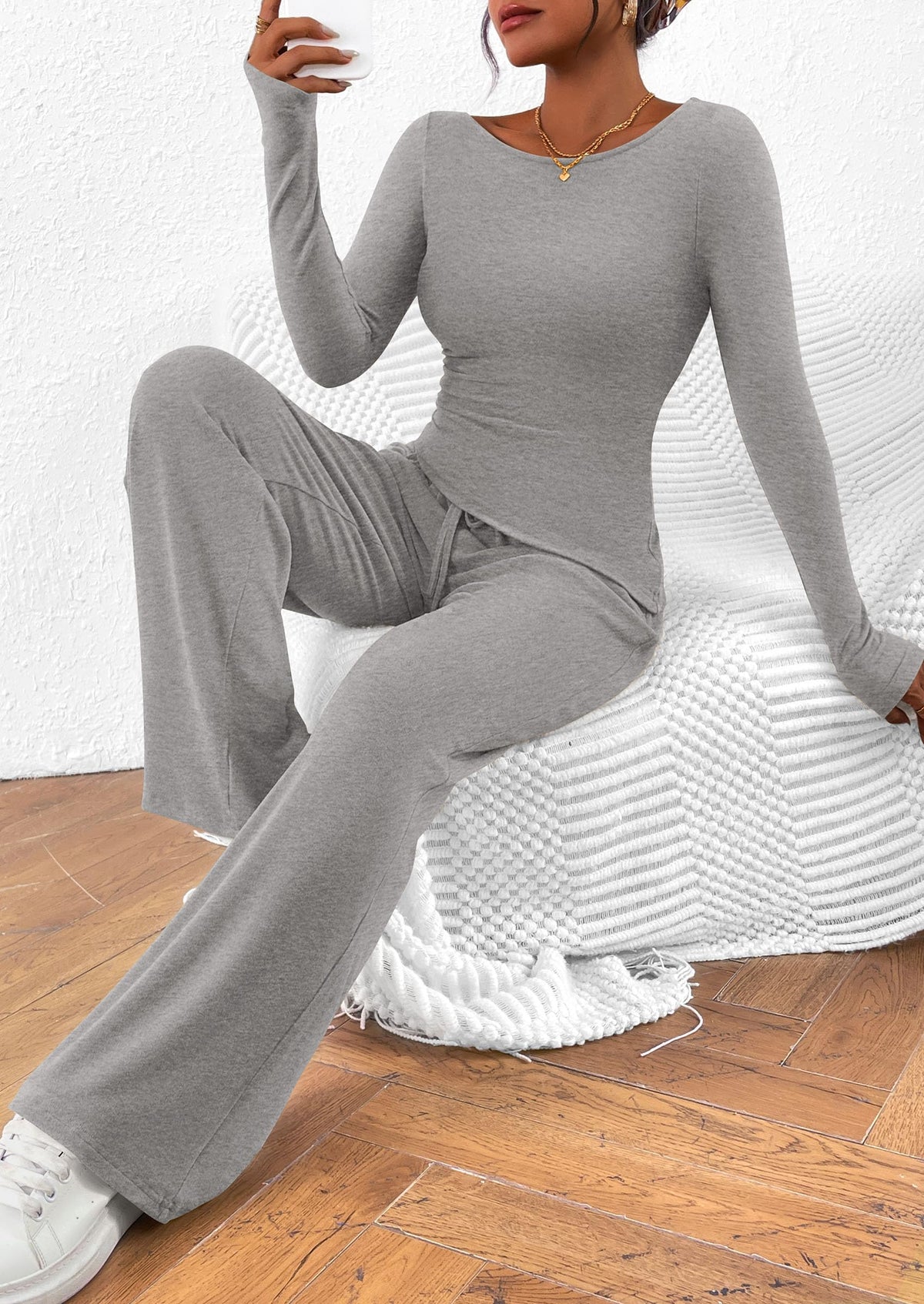 PRETTYGARDEN Women's 2 Piece Lounge Sets Asymmetrical Long Sleeve T Shirt Wide Leg Pants Casual Outfits Tracksuit